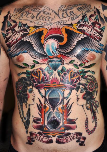 Tattoos - hourglass and eagle traditional color tattoo - 99492
